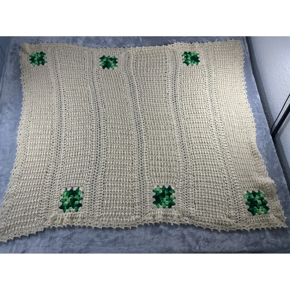 Handmade Crochet Blanket Cream‎ Green Granny Square Throw Cozy
